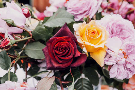 bouquet of beautiful romantic antique peony roses. Background of romantic flowers.