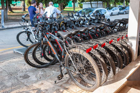 August 29, 2018, Porec, Croatia. Bicycles are sold and rented on the street on a sunny dayのeditorial素材