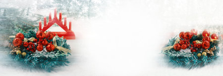 Bright Christmas New Year Frame Banner Background Snowflakes Trinkets Christmas Tree Colorful Candlesticks Shiny Lights Greeting Card. copy spaceの写真素材