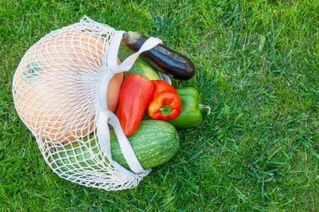 Reusable eco-friendly shopping bag. A shopping bag with vegetables. Zero waste, plastic-free concept. Eco-friendly lifestyle. Eco-shopping. Conscious consumption. Ecological trend.Copy spaceの写真素材