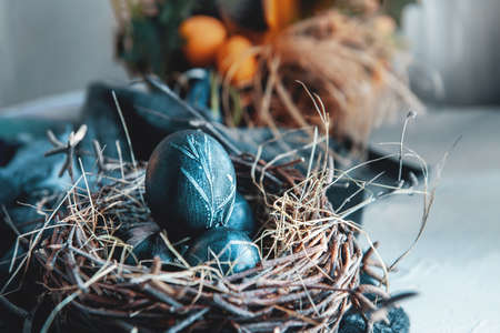 Blue Easter eggs in a round bird nest with processed hay on a blue background, monochrome Easter still life in a rustic style.の写真素材