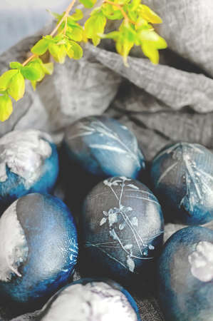 Blue Easter eggs close-up. Festive still life on the Easter table.の写真素材