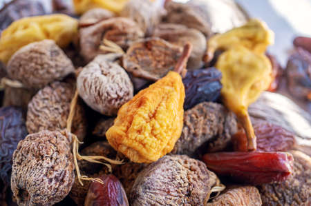 Top view of delicious dried figs, pears and dates, panoramic shot. fig dried background.の写真素材