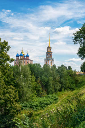 View of the Ryazan Kremlin in summer in sunny weather. Church of the Transfiguration of the Saviour on Year In Ryazanの写真素材