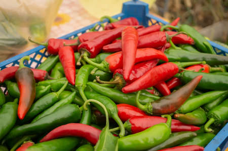 pepper in a box. Red and green bitter fresh pepper in a box, a row in a grocery store, supermarket....