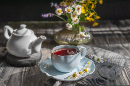 herbal tea in a blue porcelain cup. Morning still life with beautiful contrasting light.の写真素材