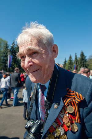 KOLOMNA, Moscow region, Russia May 9, 2015. Portrait of a veteran with orders and medals. Immortal Regiment, Victory Day over Nazi Germanyのeditorial素材