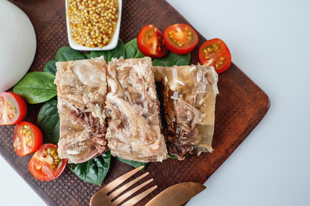 Homemade meat jelly with mustard and horseradish on a serving board. Beef and turkey meat jelly