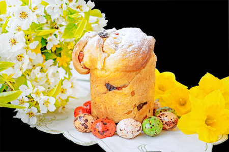 Traditional Easter cake made at home, handmade, with dried fruits and sweets in the form of quail...