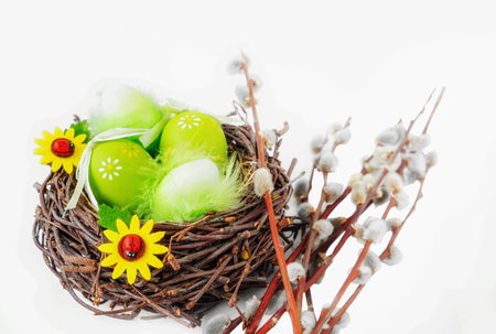 Easter still life. Easter decorated eggs in a nest with a bouquet of willow. Composition with Easter Eggs And willow. Spring Flower conceptの写真素材