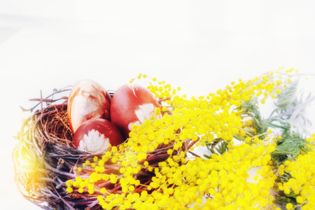 Easter eggs in a nest with a bouquet of mimosa. Arrangement With Easter Eggs And Mimosa. Spring floral conceptの写真素材