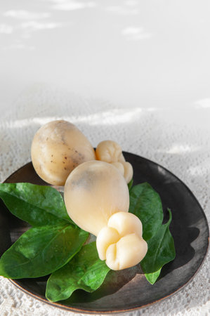 scamorza, Pasta Filata, Italian cheeses collection, smoked scamorza pear shaped cheese from small cheese farm in South Italy made from cow milk. Copy spaceの写真素材