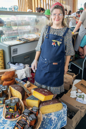 Istra, Russia, 04 August 2023. Farmers selling cheese of their own production. Cheese fair of farm products Cheese Pir Mir in Istra.のeditorial素材