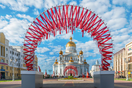Saransk, Mordovia, Russia. 06/05/2023. Cathedral of St. Theodore Ushakov in Saransk, consecrated in 2009, Russia. It is named after the Russian saint and Admiral Fyodor Ushakov. inscription above the entrance reads: Cathedral of the Holy Righteous Warriorのeditorial素材