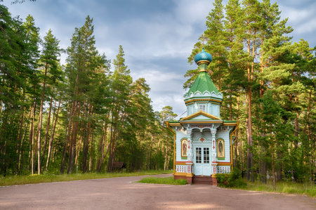 Konevets Island, Russia - 22 July 2023: Chapel of the Assumption of the Mother of God, wooden structure of 1899のeditorial素材