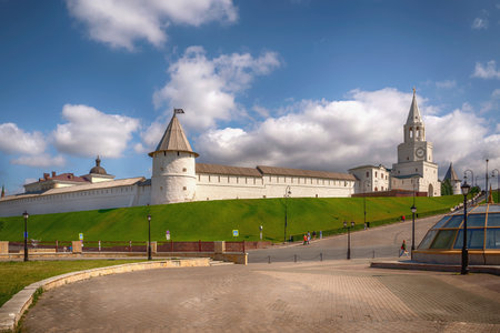 KAZAN, RUSSIA - JUNE 1, 2023: The Spasskaya and South-Western Towers of the Kazan Kremlin, an architectural monument of the 10th-16th centuries. May 1 Square in Kazan. UNESCO World Heritage Site.のeditorial素材