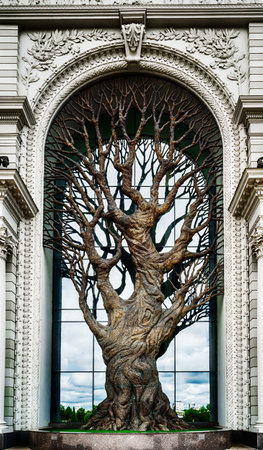 Kazan, Republic of Tatarstan, June 01, 2023. Tree sculpture on the building of the Russian Ministry of Agriculture, Kazan. The Palace of Farmers in Kazan is the building of the Ministry of Agriculture and Food.のeditorial素材