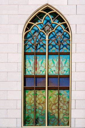 Bolgar, Republic of Tatarstan, Russia, June 2, 2023. White Mosque, built in 2012. Fragments of the White Mosque architecture. Window, stained glass.のeditorial素材