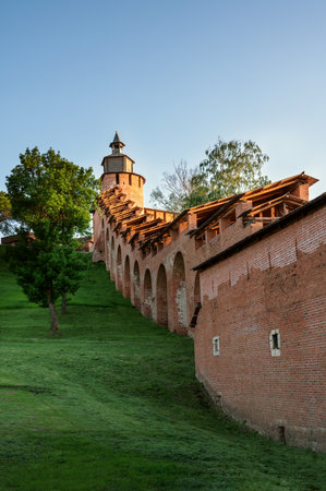 A fragment of the fortress wall of the Nizhny Novgorod Kremlin with a view of the northern tower in...
