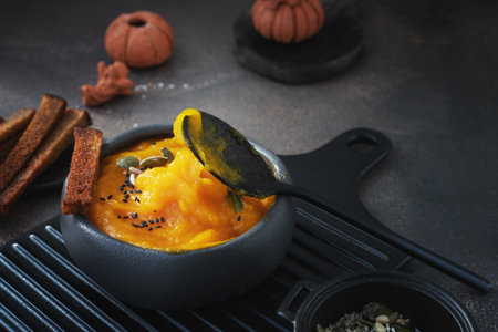 Delicious pumpkin soup with heavy cream, sesame seeds and pumpkin seeds on a dark rustic wooden table with toast. A spoon scoops up pumpkin cream soup.の写真素材
