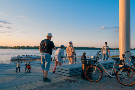 Nizhny Novgorod, Russia, May 29, 2023. Elderly people do race walking on the embankment of Nizhny...