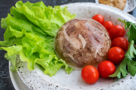 Homemade jellied meat with mustard and horseradish on the table. Aspic. Homemade jelly with mustard, tomatoes and garlic on the table. Kholodets, traditional Russian food.の写真素材