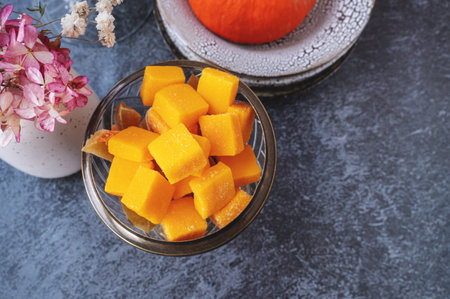 homemade marmalade, candied pumpkin. Processing of the harvest. Home cooking. Copy space.の写真素材