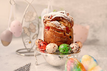 Happy easter. Modern Easter figurines, Easter painted eggs and egg-shaped candies on the table....