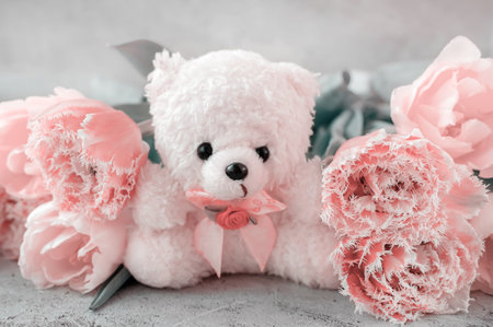 Teddy bear with tulips on a gray background. Valentine's Day, March 8, Mother's Day. Tonnedの写真素材