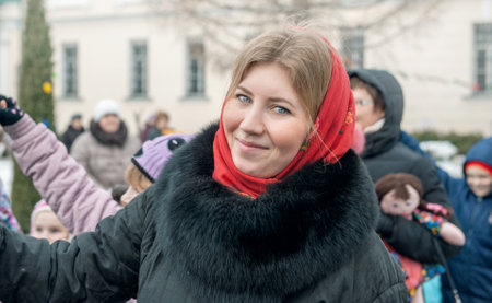 Kolomna, Moscow region. Russia February 22, 2015. Russian Russian beauty Girl in a Russian national bright scarfのeditorial素材