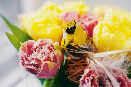 pink and yellow tulips. Bouquet of tulips for the holiday on a white background close-up.の写真素材