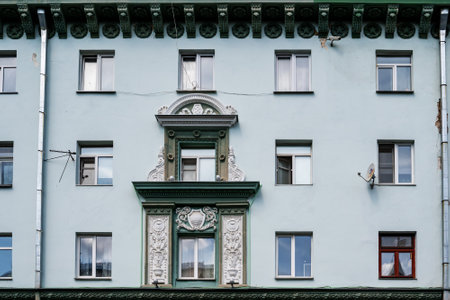 Nizhny Novgorod, Russia May 30, 2023. A fragment of the architecture of the building of the Central State Bank - a monument of neo-Russian architecture on Bolshaya Pokrovskaya Street. Built in 1911-1913のeditorial素材