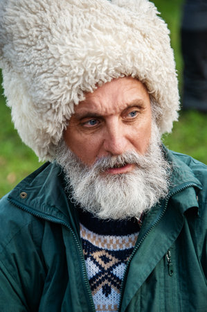 Moscow, Russia October 1, 2016: Large open fair of the descendants of the Cossacks. Portrait of a descendant of the Cossacks in the national clothes of the Cossacks. Scenes from Cossack life. The event is free with unlimited accessのeditorial素材