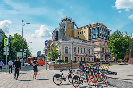 Nizhny Novgorod, Russia. May 30, 2023. Parking and rental of bicycles in the center of Nizhny Novgorodのeditorial素材