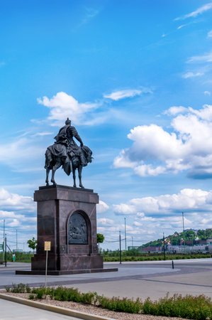 NIZHNY NOVGOROD, RUSSIA - MAY 30, 2023: Monument with the inscription Holy Blessed Grand Duke Alexander Nevsky in front of the Alexander Nevsky Cathedral in Nizhny Novgorod, built in 1880のeditorial素材