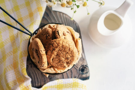 Delicious sweet chocolate chip cookies, homemade chocolate chip cookies with milk. Home comfort...