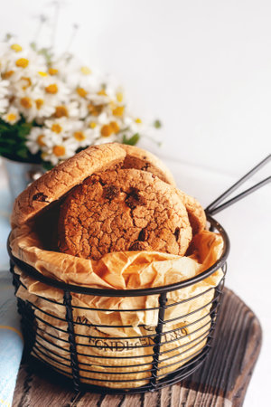 Delicious sweet chocolate chip cookies, homemade chocolate chip cookies with milk. Home comfort concept. Close-upの写真素材