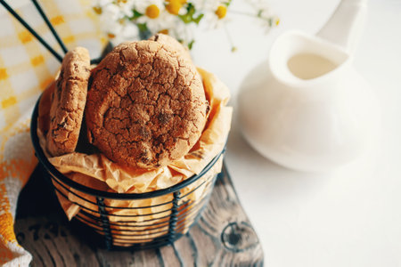 Delicious sweet chocolate chip cookies, homemade chocolate chip cookies with milk. Home comfort...
