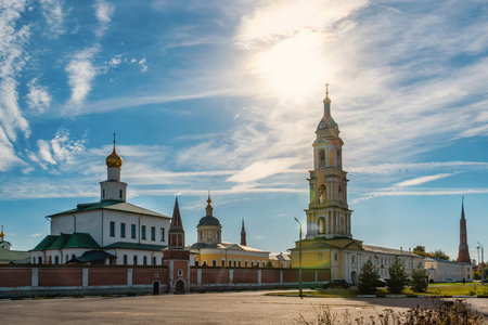 panoramic view of the Epiphany Staro-Golutvin Monastery Kolomna. Sunset view of the Epiphany Cathedral and the Church of the Entry into the Church of the Epiphany of the Staro-Golutvin Monastery, Kolomna, Moscow region, Russia.のeditorial素材