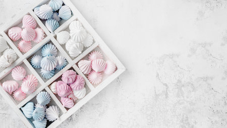 box of colorful small handmade meringue on the table. handmade meringue flowers prepared for gift giving. Sweet romantic gift. View from above, copy space.の写真素材