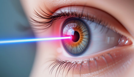 In an exciting demonstration of science and innovation, a laser focuses on the retina of the human eyeの素材