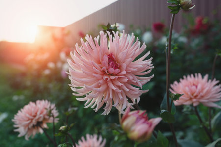 Dahlia Preferensis is a tuberous plant with pink tubular flowers. Delicate dahlia flower against the background of a beautiful sunset sun.の写真素材