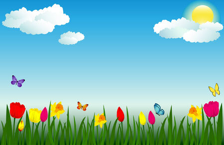 Spring scene with flowers and butterfliesのイラスト素材