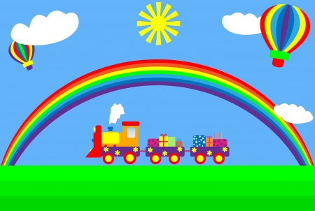 Child's drawing of train with rainbowのイラスト素材