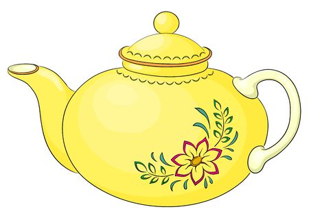 China yellow teapot with a pattern from a red flower and green leavesのイラスト素材