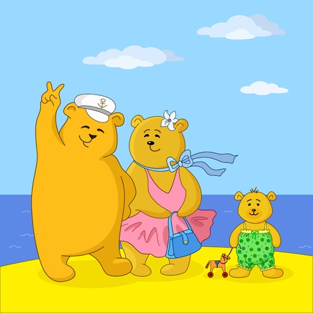 Family of toy teddy bears, mum, father and son on a sea beachのイラスト素材
