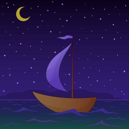 Ship floats under sails in the sea in the moonlight nightのイラスト素材