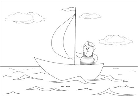 Teddy bear seaman floats on a sailing vessel on the sea, contours.のイラスト素材