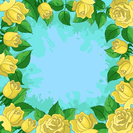 Vector floral background, frame from flowers yellow roses and green leavesのイラスト素材