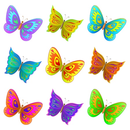 Vector, set from nine various color flying butterfliesのイラスト素材